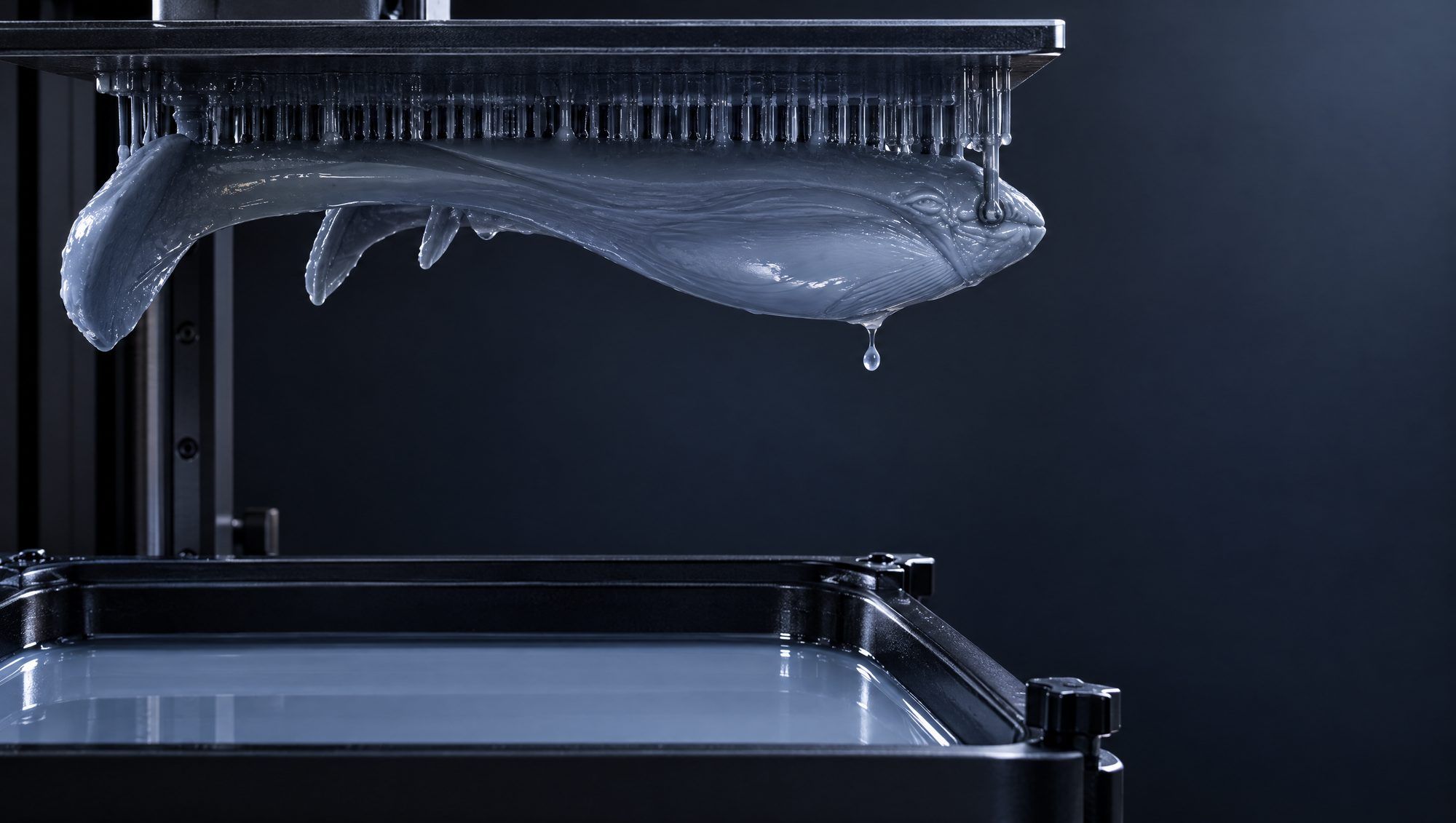 A resin part rising from the vat of an SLA printer, a drop of resin falling back