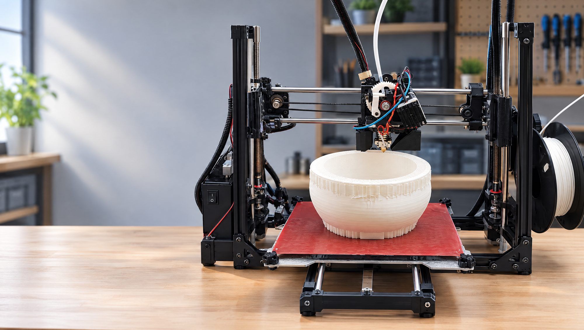An FDM printer finishing a large white bowl on its bed