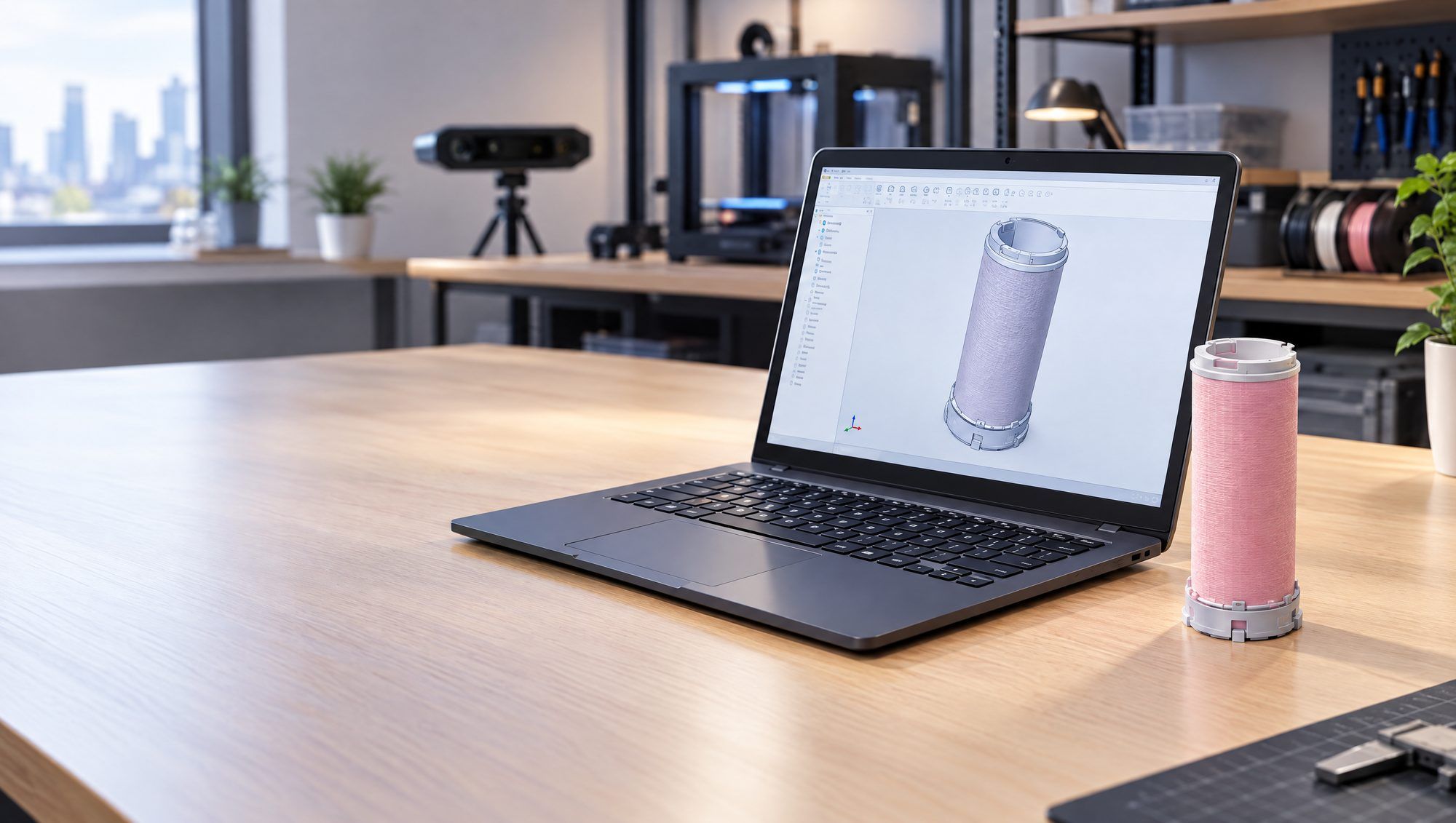 A laptop showing a cylinder CAD model beside the printed part on a workshop desk