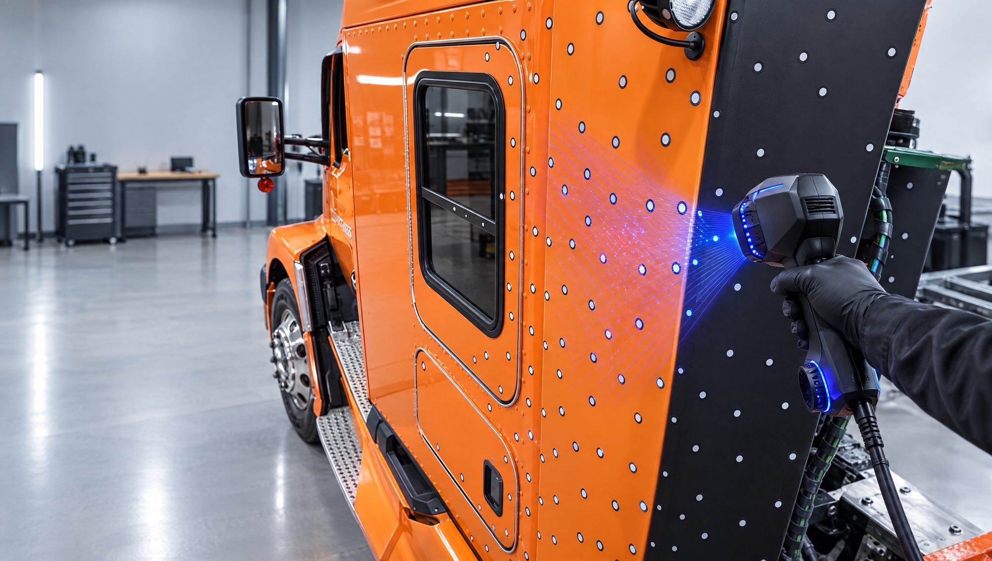 A handheld 3D scanner projecting blue light onto a truck cab covered in scanning targets