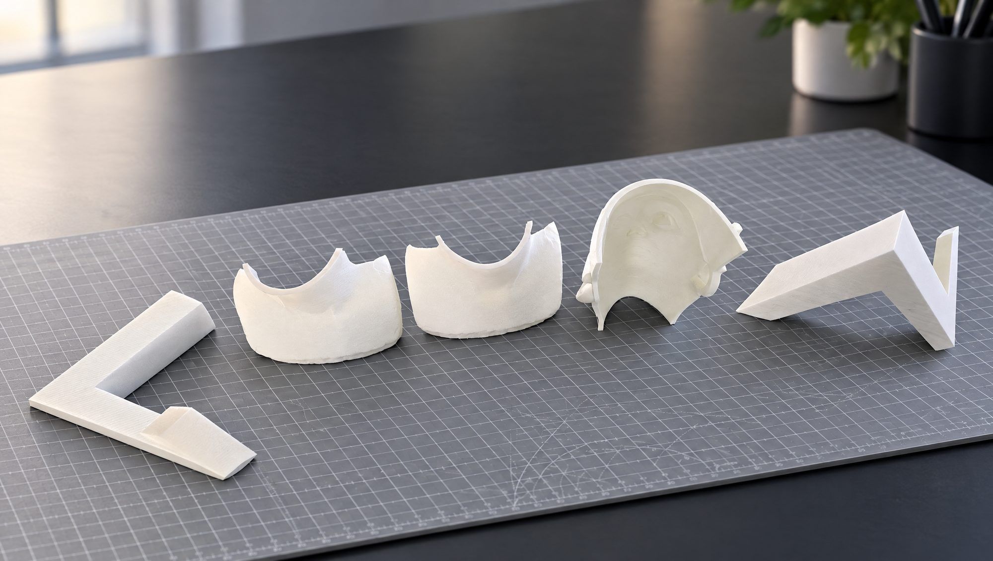 A row of white printed prototype iterations on a cutting mat