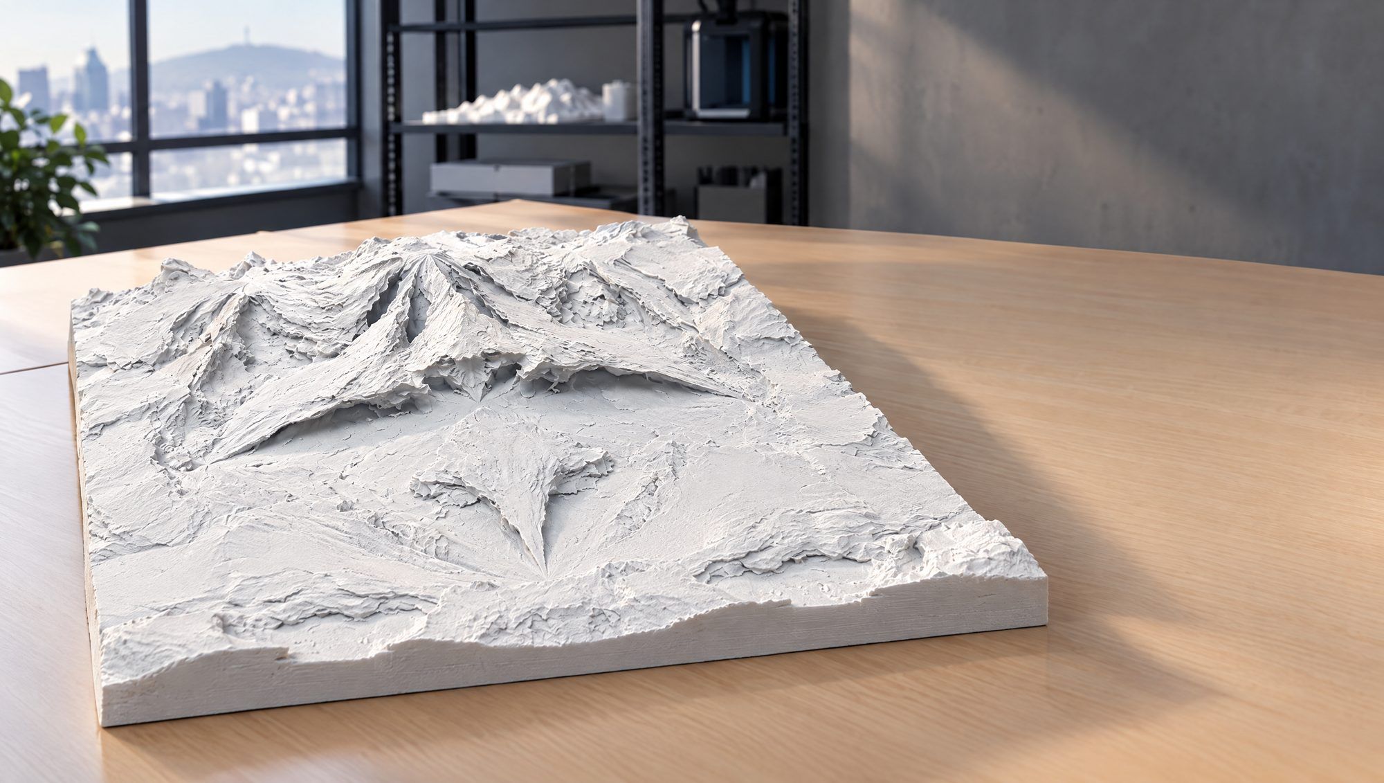 Grande maquette de relief imprimée en 3D en blanc sur une table de bois, dans un atelier