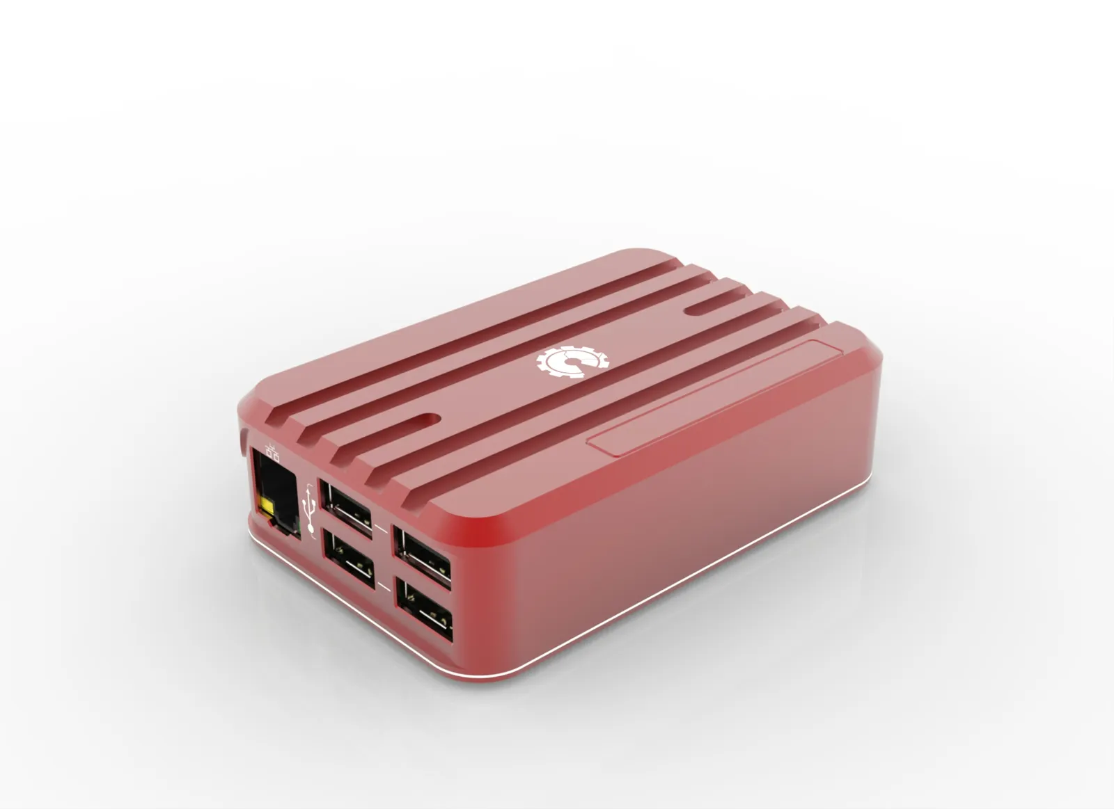 Rendu CAO original d’un boîtier électronique rouge avec des nervures, quatre ouvertures USB et une ouverture Ethernet.