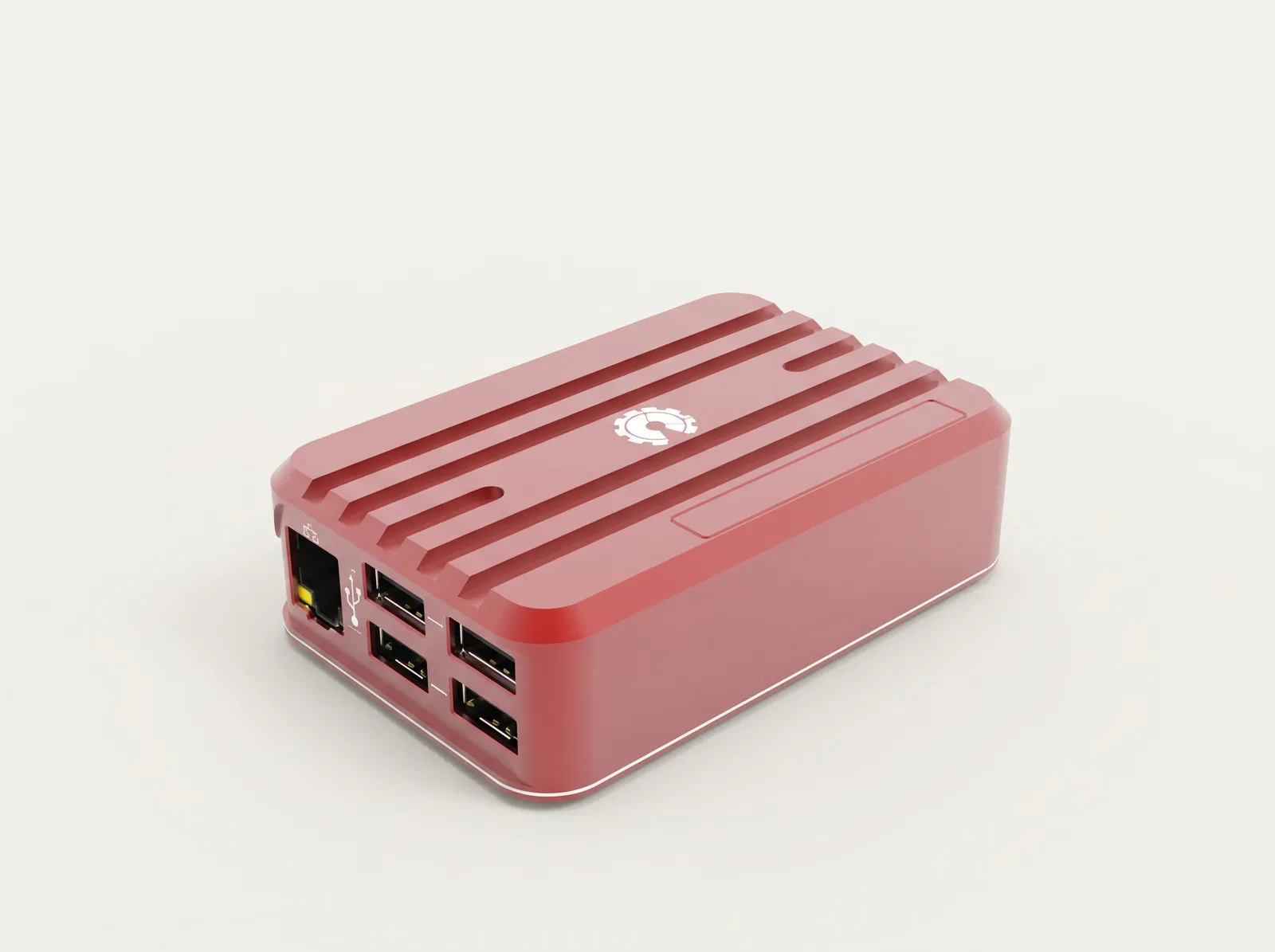 CAD visualization of a red aluminium electronics enclosure with ribs, four USB openings and an Ethernet opening.