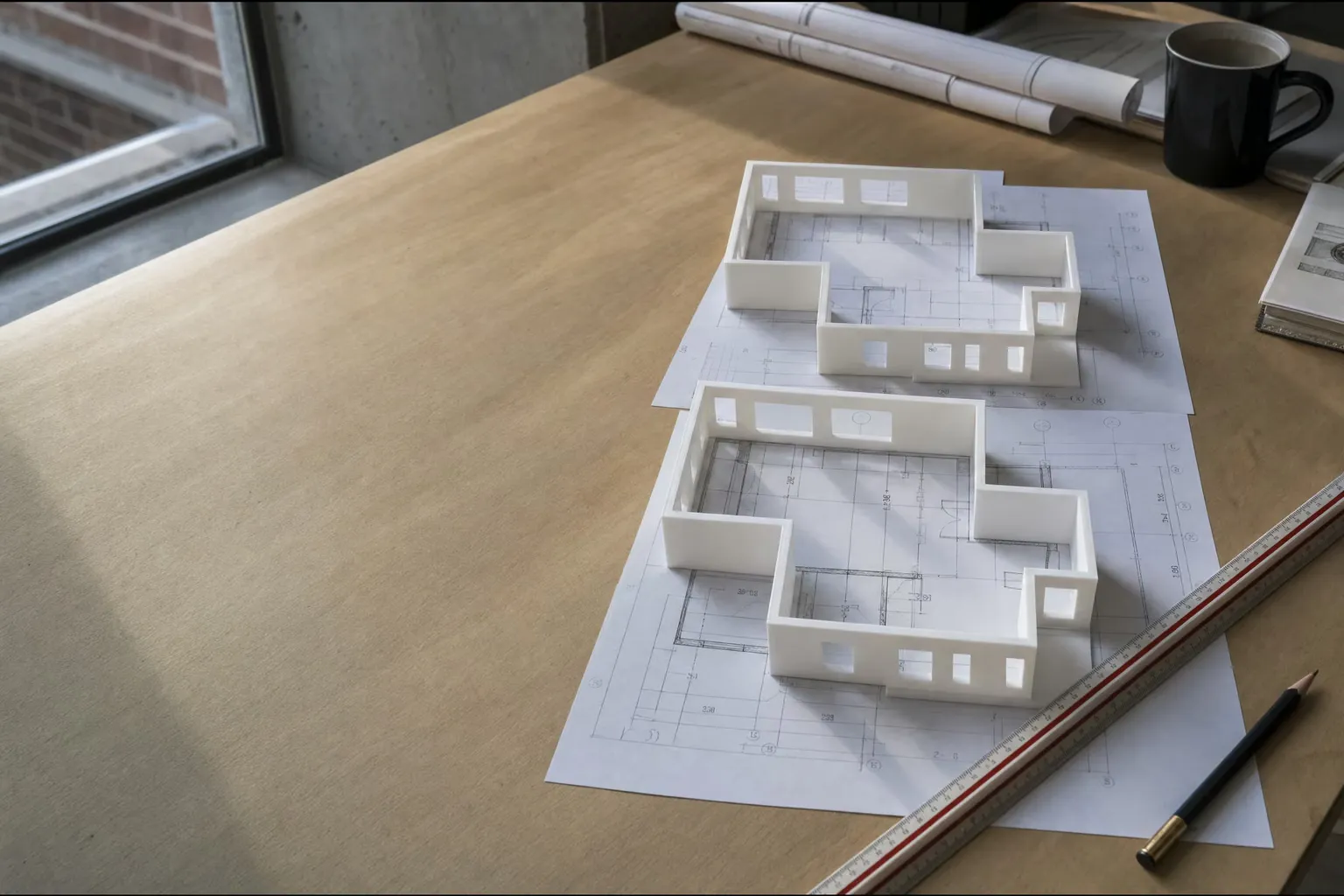 Deux maquettes de plans d'étage blanches imprimées en 3D posées sur les plans d'architecture correspondants