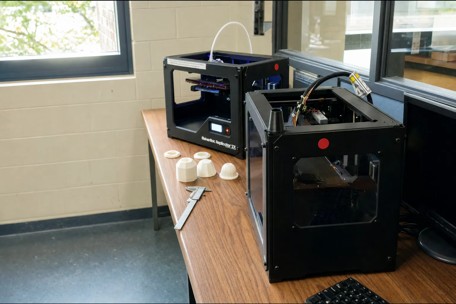 Deux imprimantes 3D de bureau MakerBot avec de petites pièces d'essai imprimées et un pied à coulisse dans un atelier de fabrication universitaire