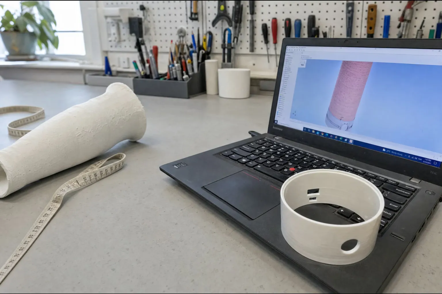 Anneau d'emboîture prothétique blanc imprimé en 3D à côté de son modèle CAO sur un ordinateur portable, dans un atelier d'orthèses