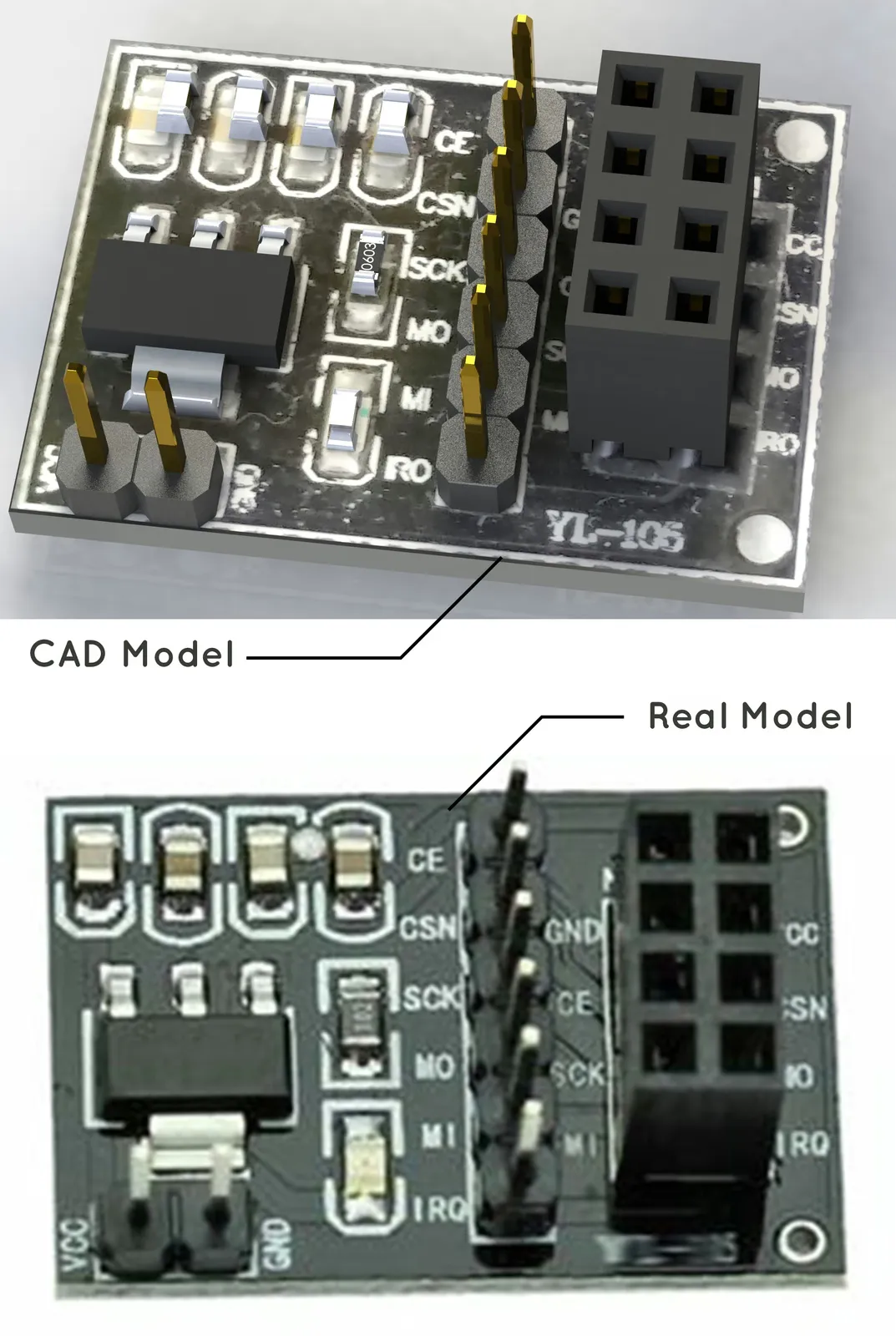 Comparaison côte à côte d’un modèle CAO rendu et de la véritable carte d’adaptateur NRF24L01 à partir de laquelle il a été conçu par rétro-ingénierie