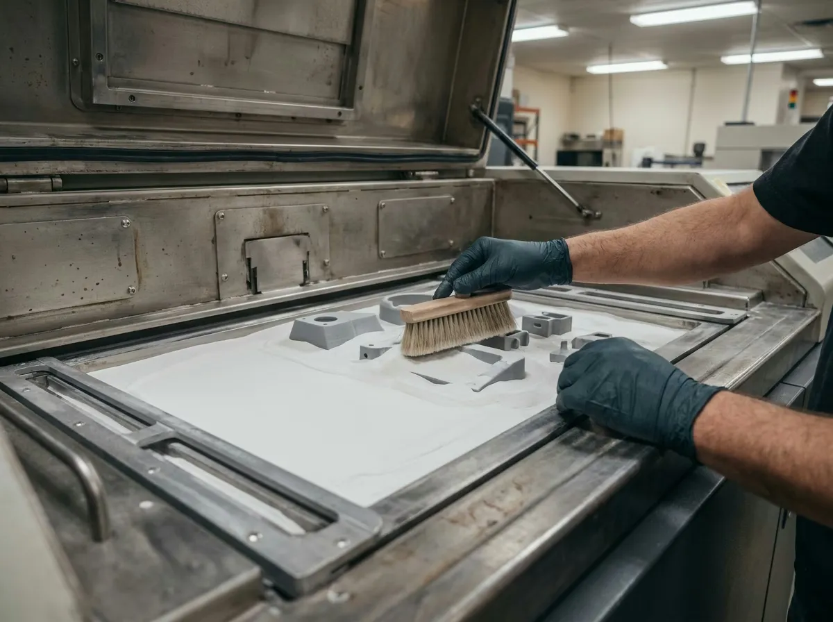 Technician brushing nylon powder from an SLS 3D printer bed to reveal gray printed parts