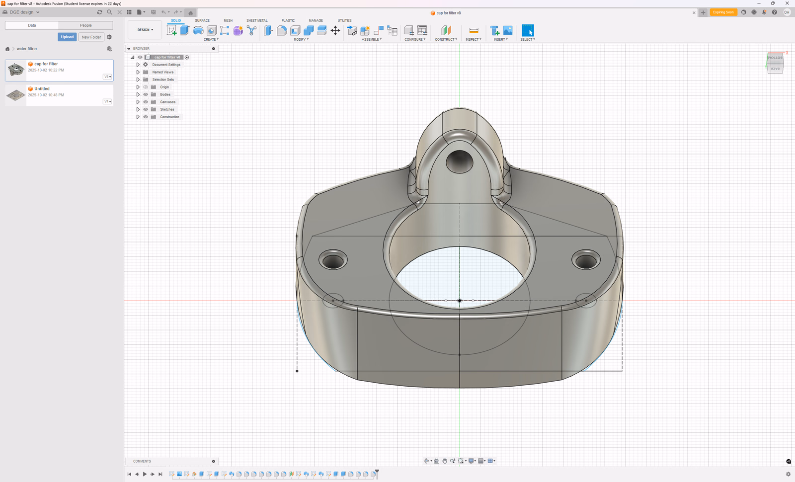 CAD model of a flanged part with a central opening, two side holes and a raised mounting ear.
